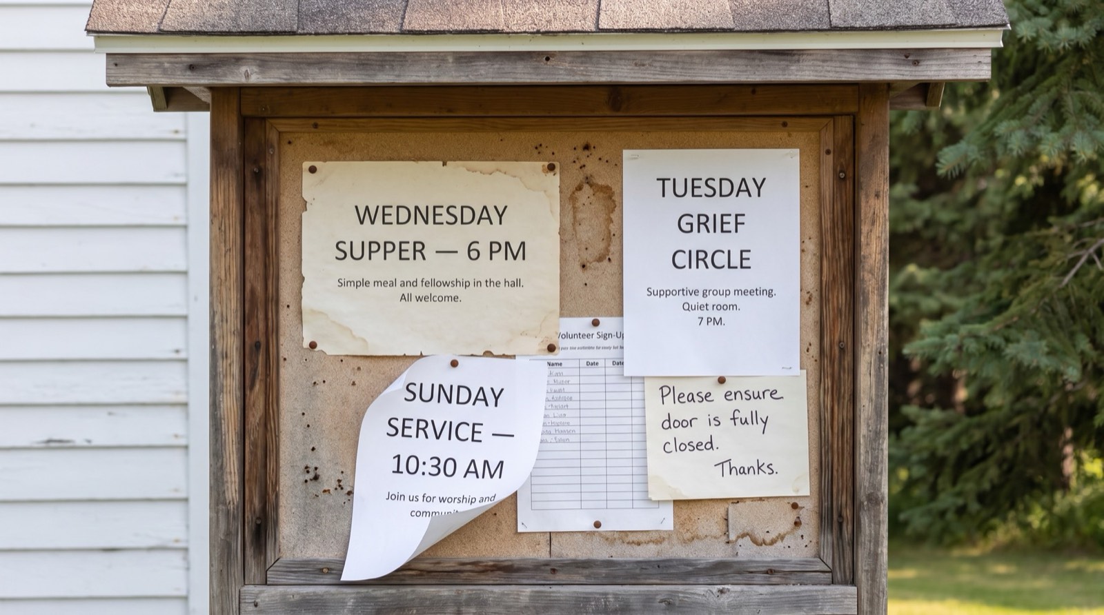 The church notice board with supper and service times