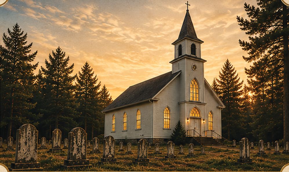 The White Church at sunset among the pines