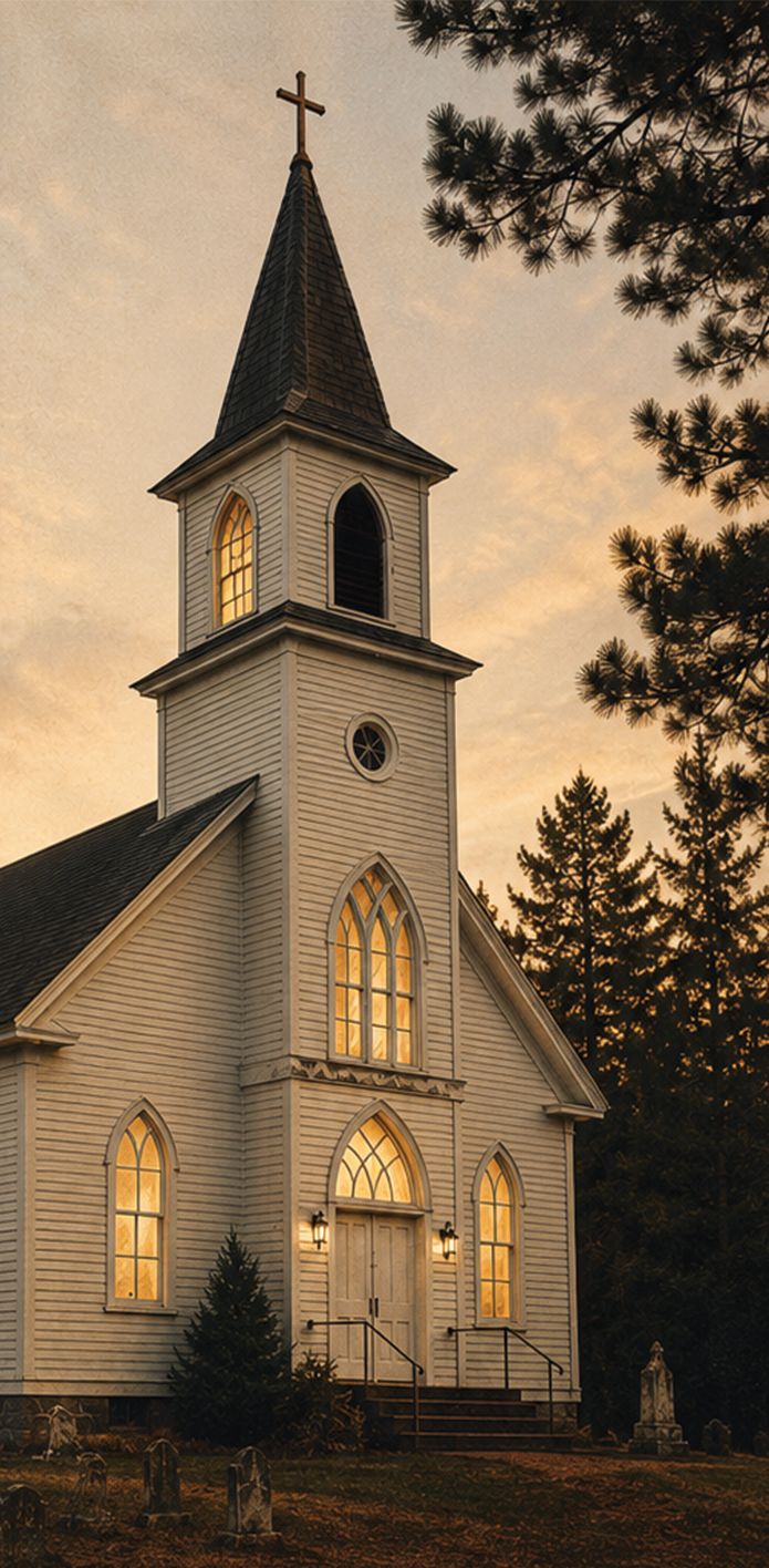 The White Church at dusk, with Greymantle Cemetery in front